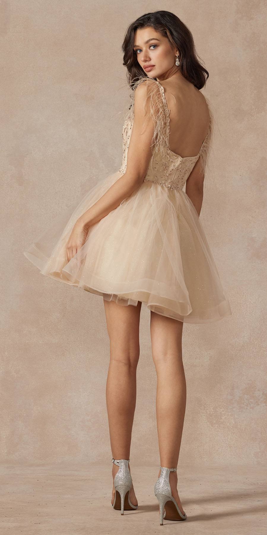 Juliet 881 Feather Straps Sheer Bodice Short A-line Tulle Dress