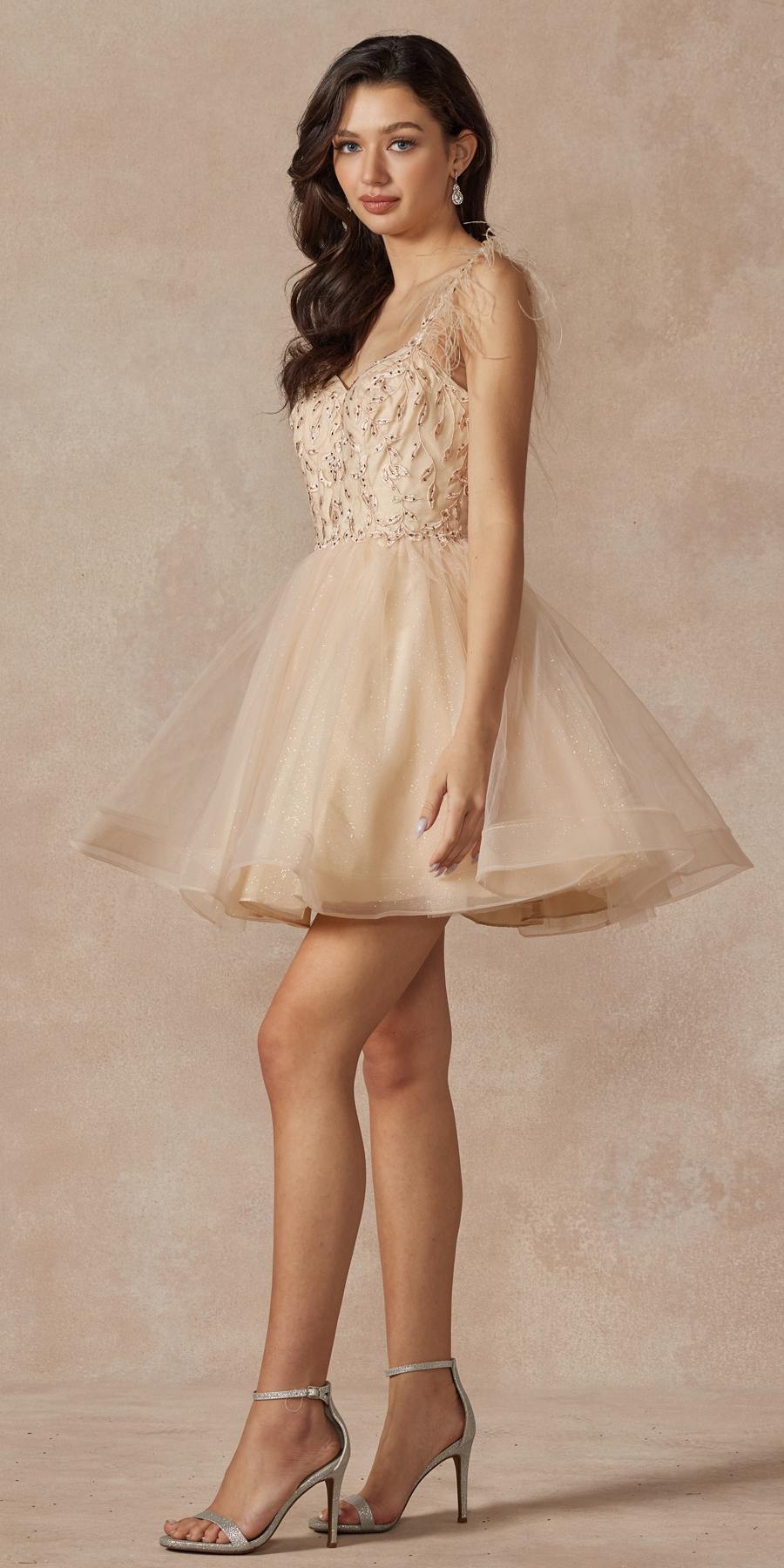 Juliet 881 Feather Straps Sheer Bodice Short A-line Tulle Dress
