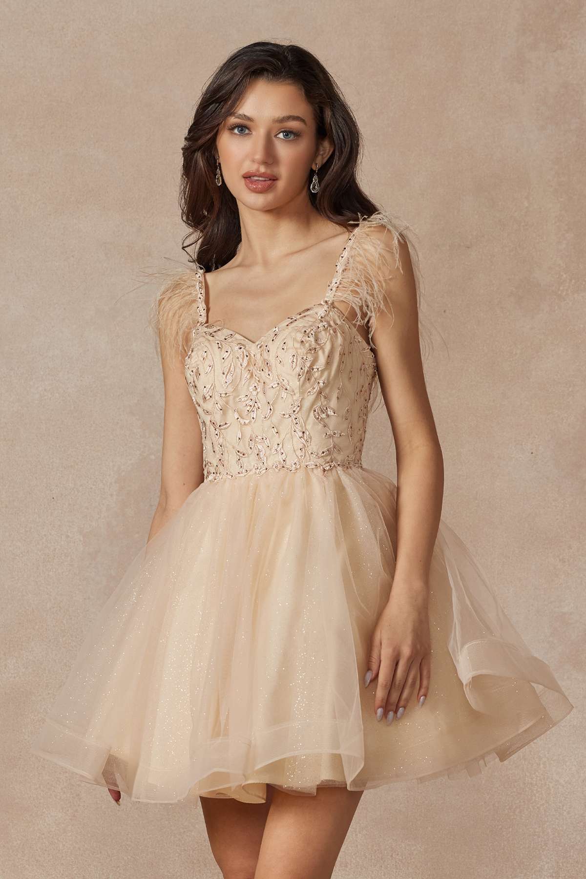 Juliet 881 Feather Straps Sheer Bodice Short A-line Tulle Dress