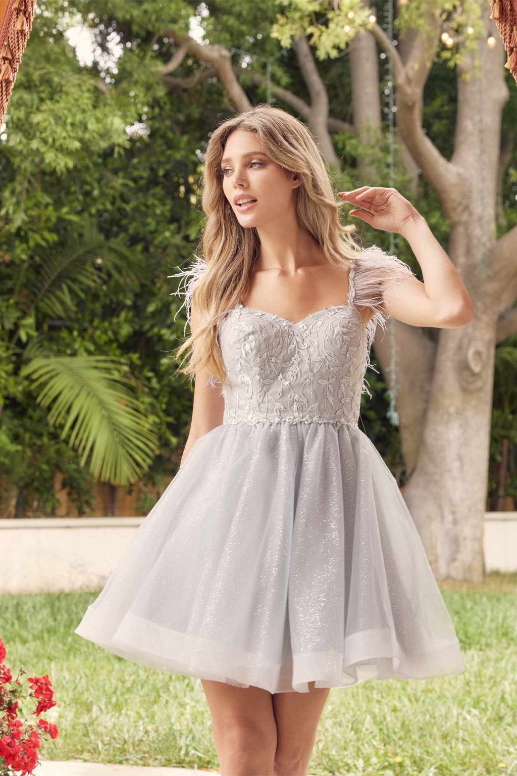Juliet 881 Feather Straps Sheer Bodice Short A-line Tulle Dress
