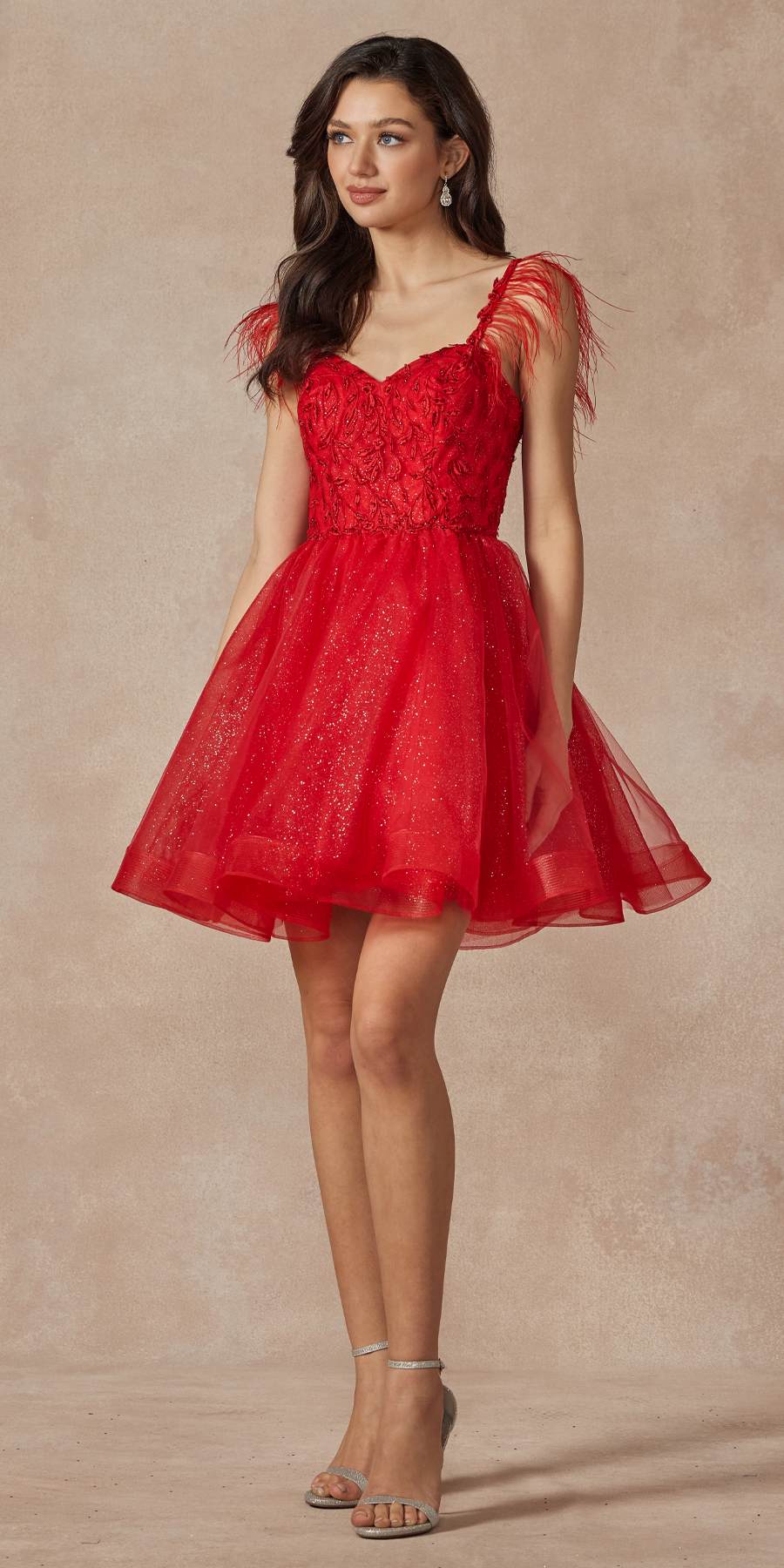 Juliet 881 Feather Straps Sheer Bodice Short A-line Tulle Dress