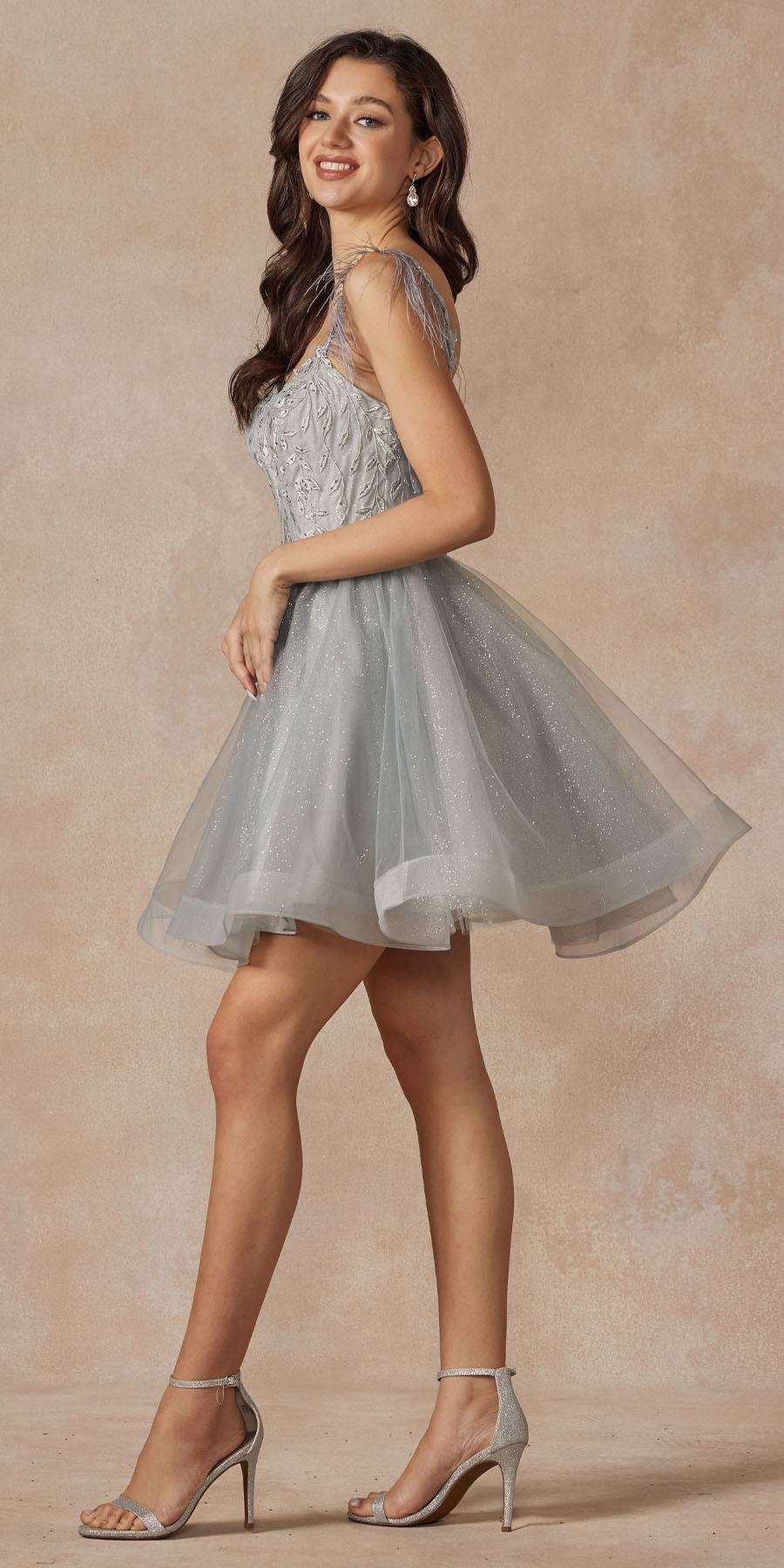 Juliet 881 Feather Straps Sheer Bodice Short A-line Tulle Dress