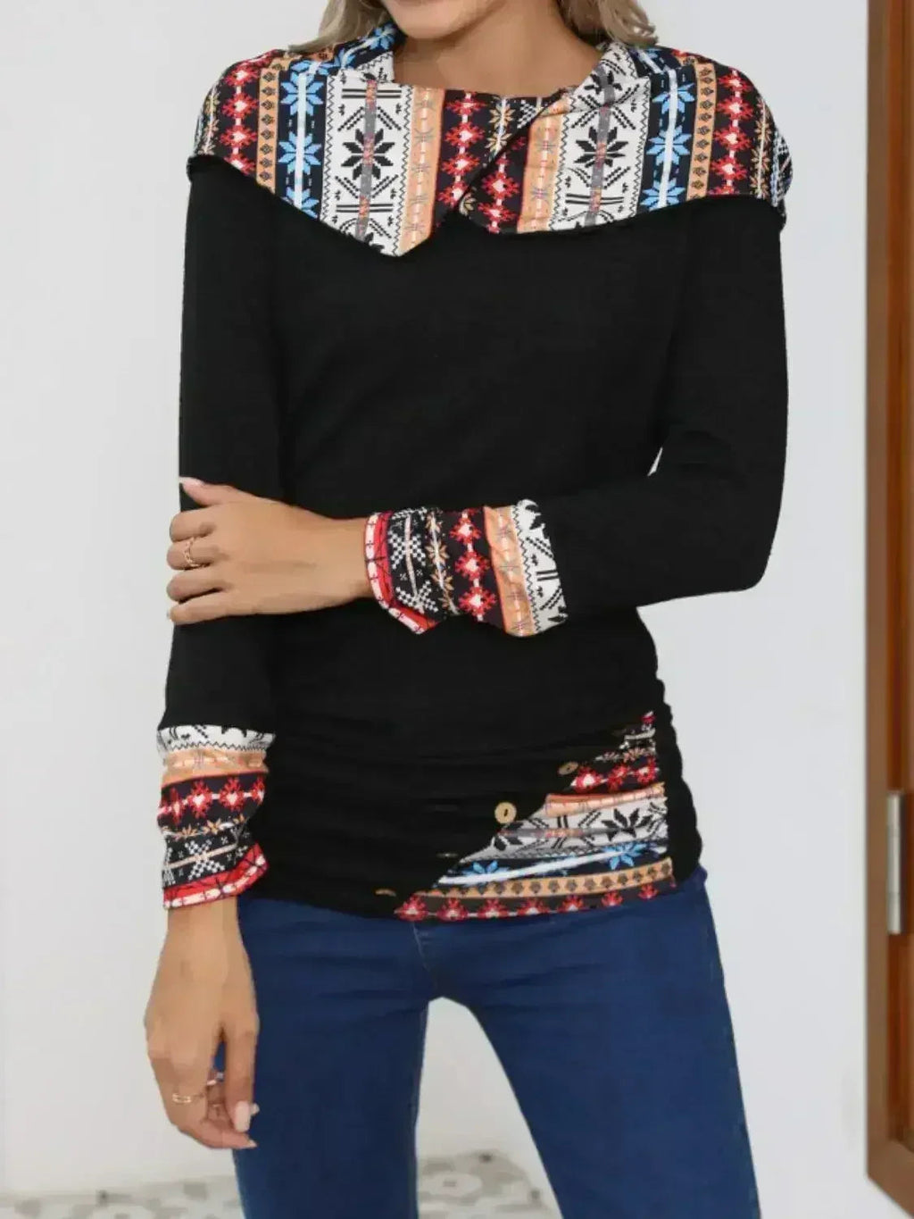 Printed Collared Neck Long Sleeve Blouse – Femstylo