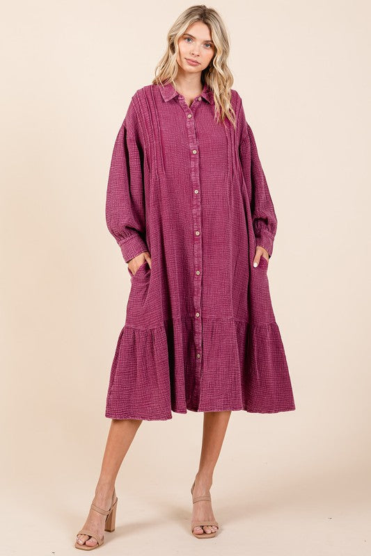 Mineral Wash Cotton Gauze Ruffle Midi Shirt Dress For Women – Casual and Feminine Button-Down Dress with Ruffle Details