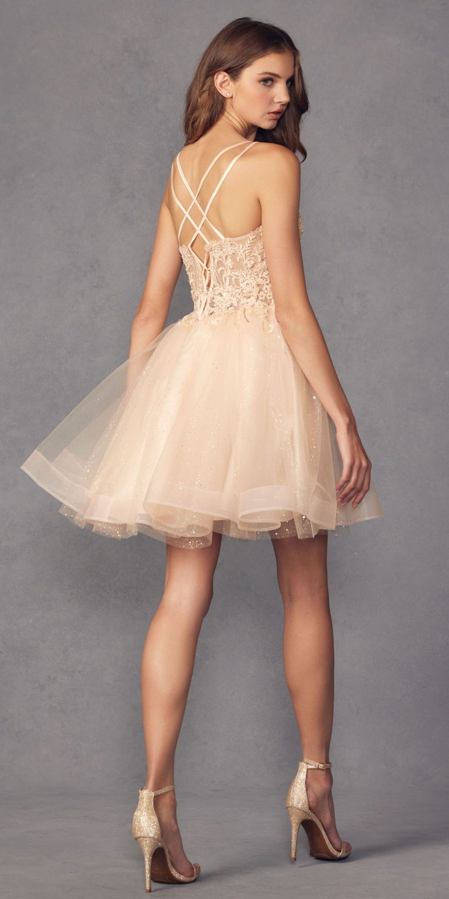 Juliet 883 Short A-Line Glitter Tulle Skirt Square Neck Thin Strap Dress