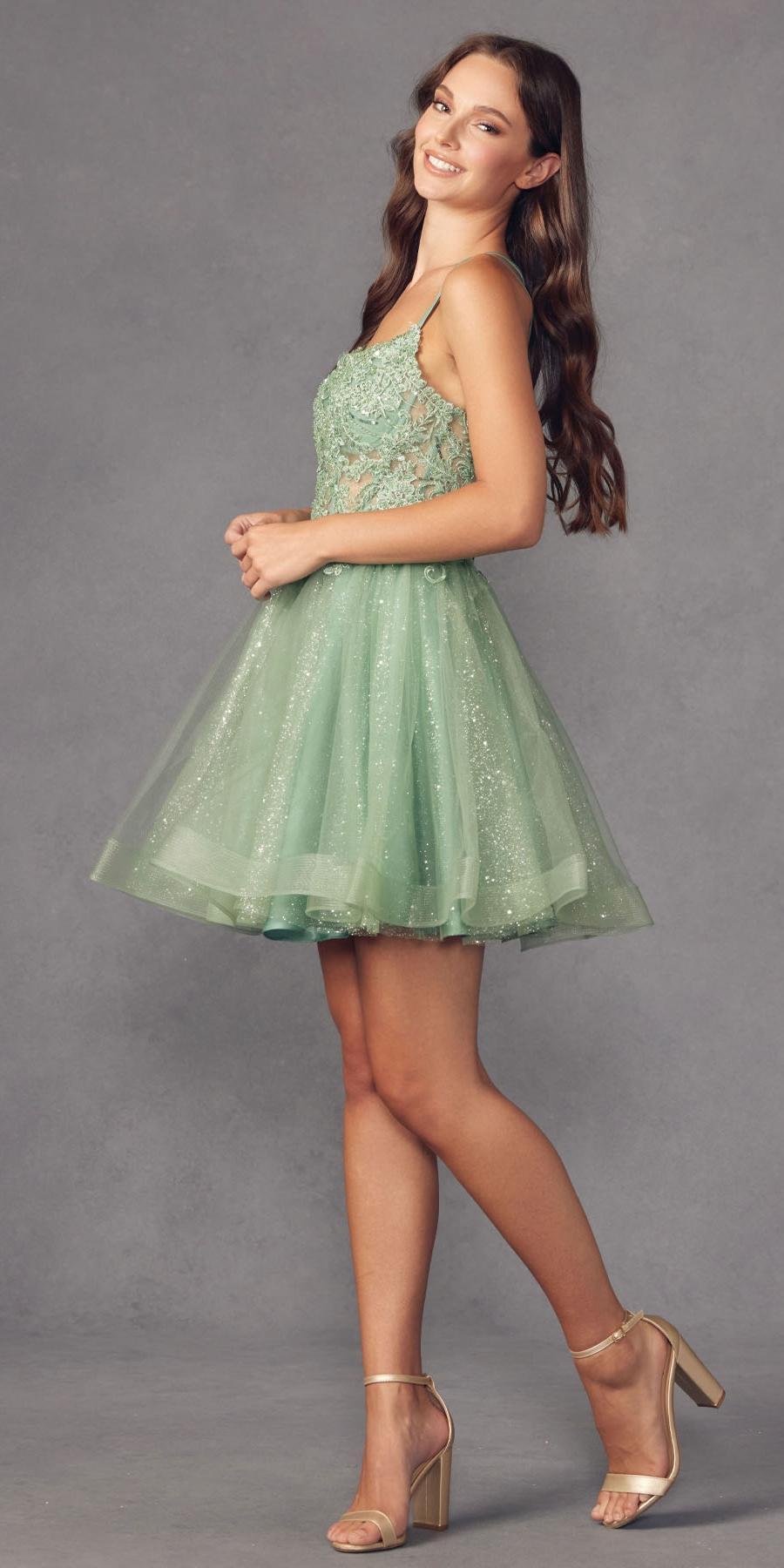Juliet 883 Short A-Line Glitter Tulle Skirt Square Neck Thin Strap Dress