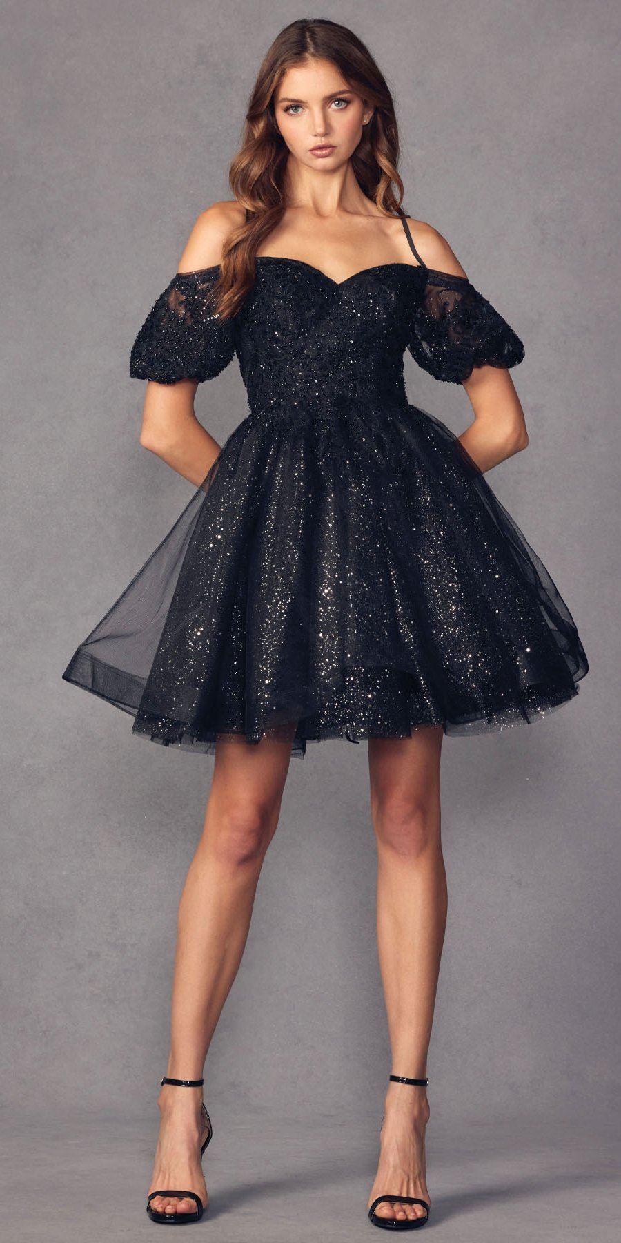 Juliet 886 Short Removable Off Shoulder Puff Sleeves A-Line Tulle Dress
