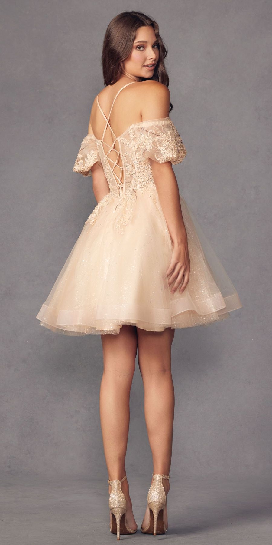Juliet 886 Short Removable Off Shoulder Puff Sleeves A-Line Tulle Dress