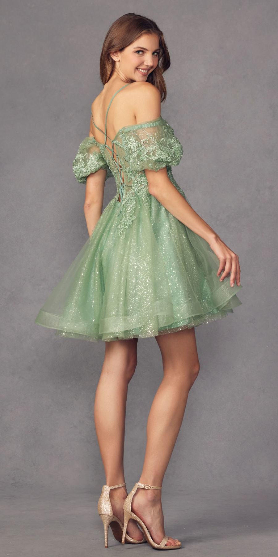 Juliet 886 Short Removable Off Shoulder Puff Sleeves A-Line Tulle Dress