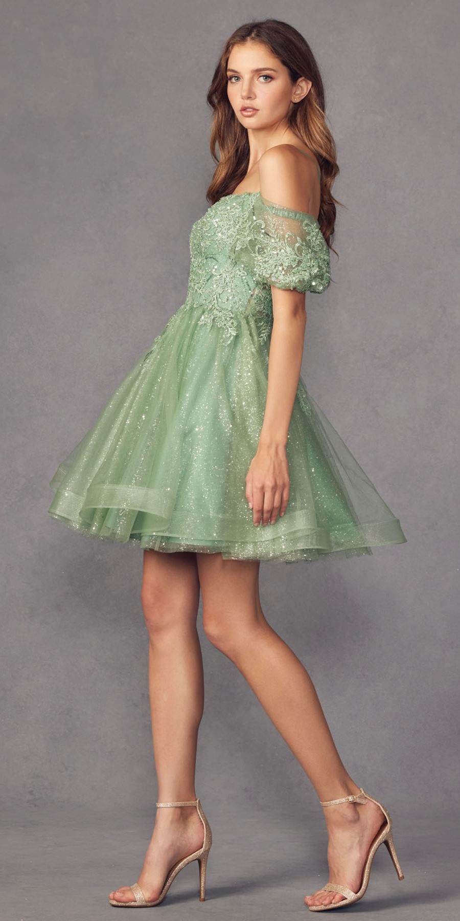 Juliet 886 Short Removable Off Shoulder Puff Sleeves A-Line Tulle Dress