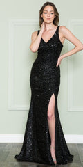 CLEARANCE - Poly USA | Ed Young 8872 V-Neck Floor Length Open Slit Sequin Dress (Size S)
