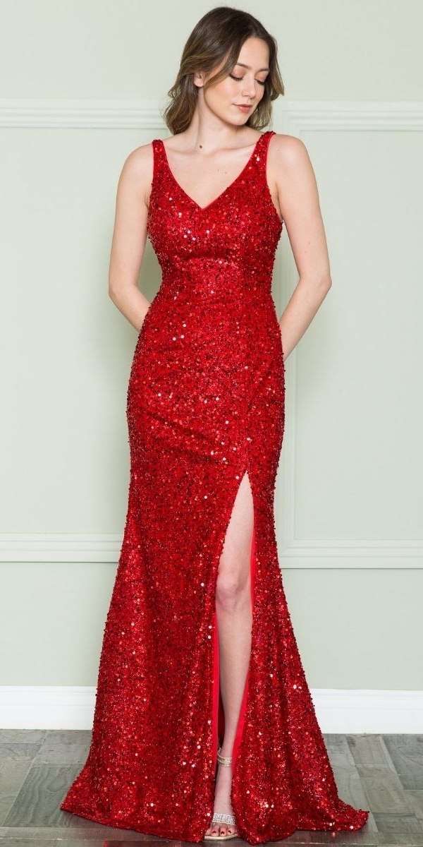 CLEARANCE - Poly USA | Ed Young 8872 V-Neck Floor Length Open Slit Sequin Dress (Size S)
