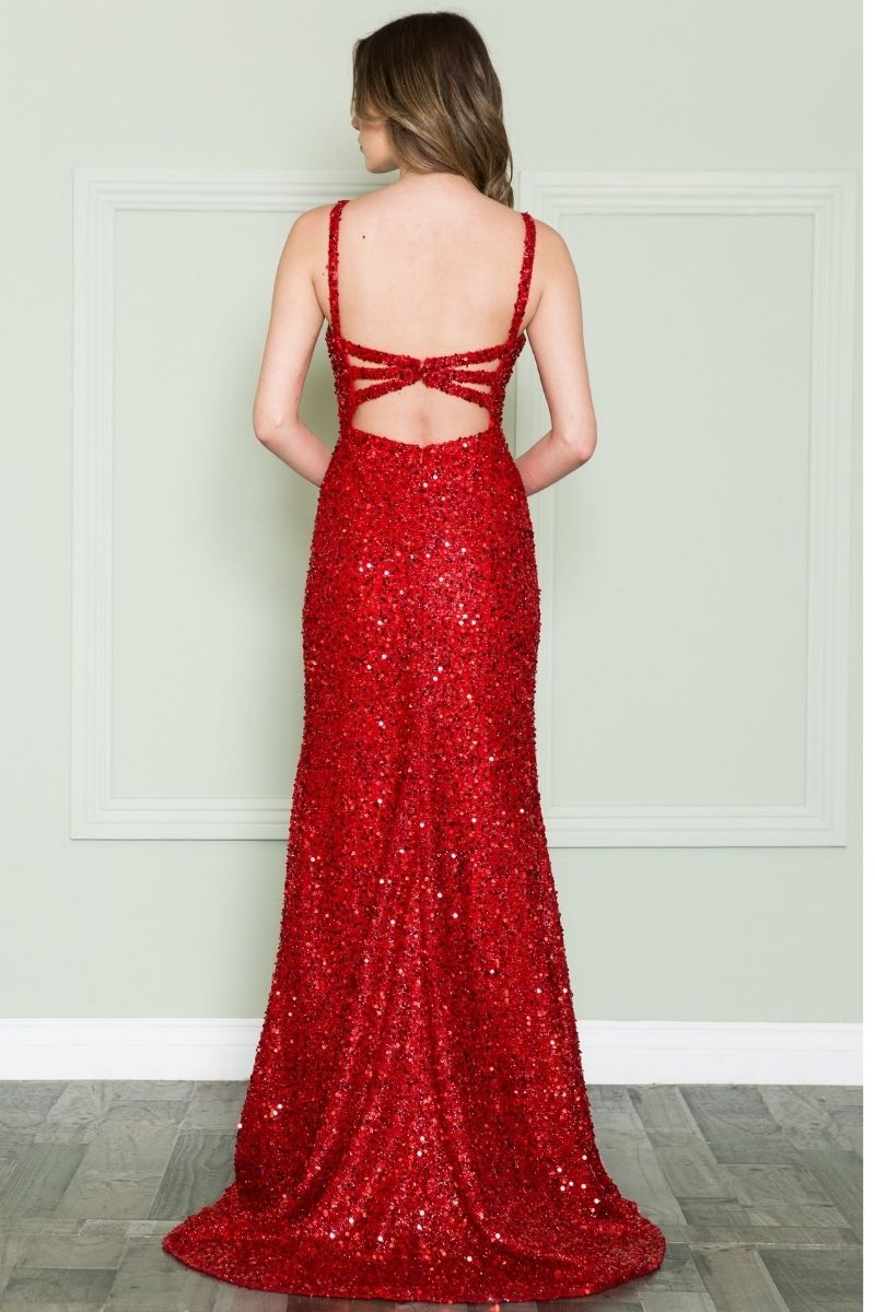 CLEARANCE - Poly USA | Ed Young 8872 V-Neck Floor Length Open Slit Sequin Dress (Size S)