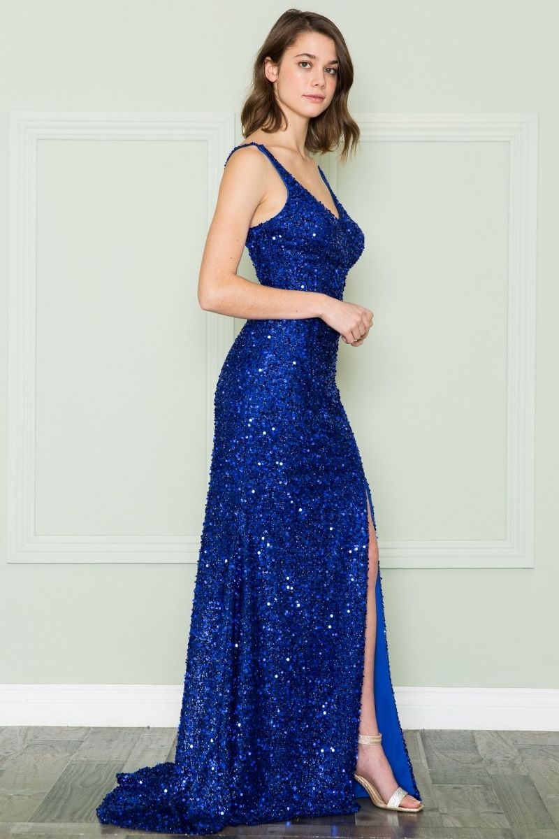 CLEARANCE - Poly USA | Ed Young 8872 V-Neck Floor Length Open Slit Sequin Dress (Size S)