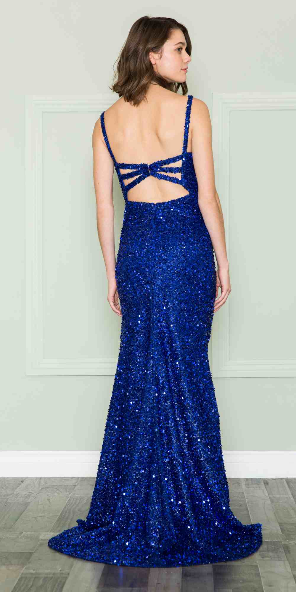 CLEARANCE - Poly USA | Ed Young 8872 V-Neck Floor Length Open Slit Sequin Dress (Size S)