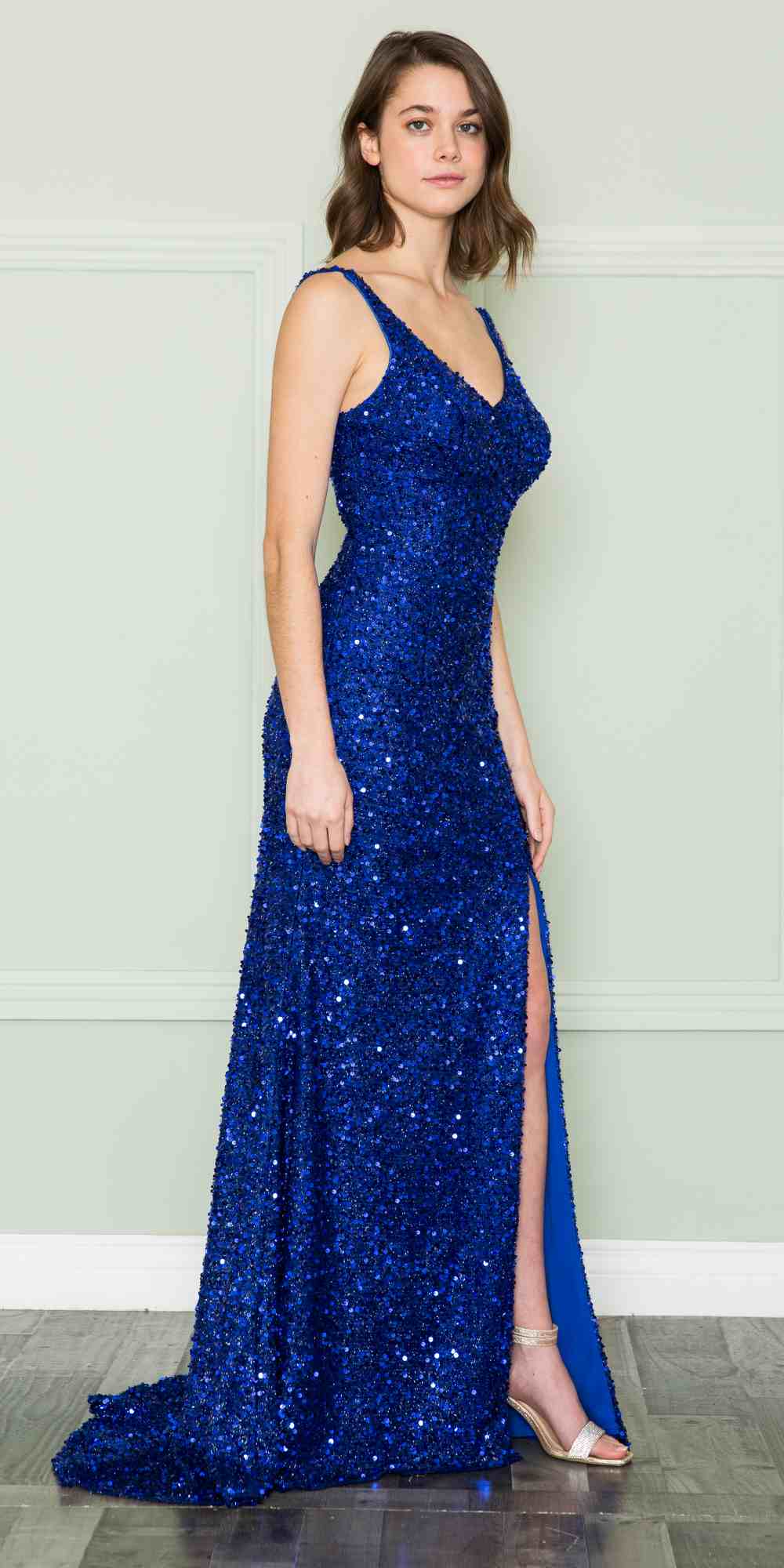 CLEARANCE - Poly USA | Ed Young 8872 V-Neck Floor Length Open Slit Sequin Dress (Size S)