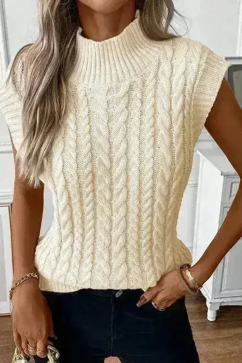 Cable Knit Sweater Vest – High Neck & Textured Oatmeal