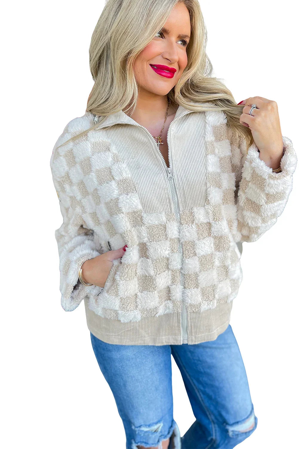 Khaki Checkered Sherpa Jacket | Corduroy Patchwork Zip-Up - Femstylo