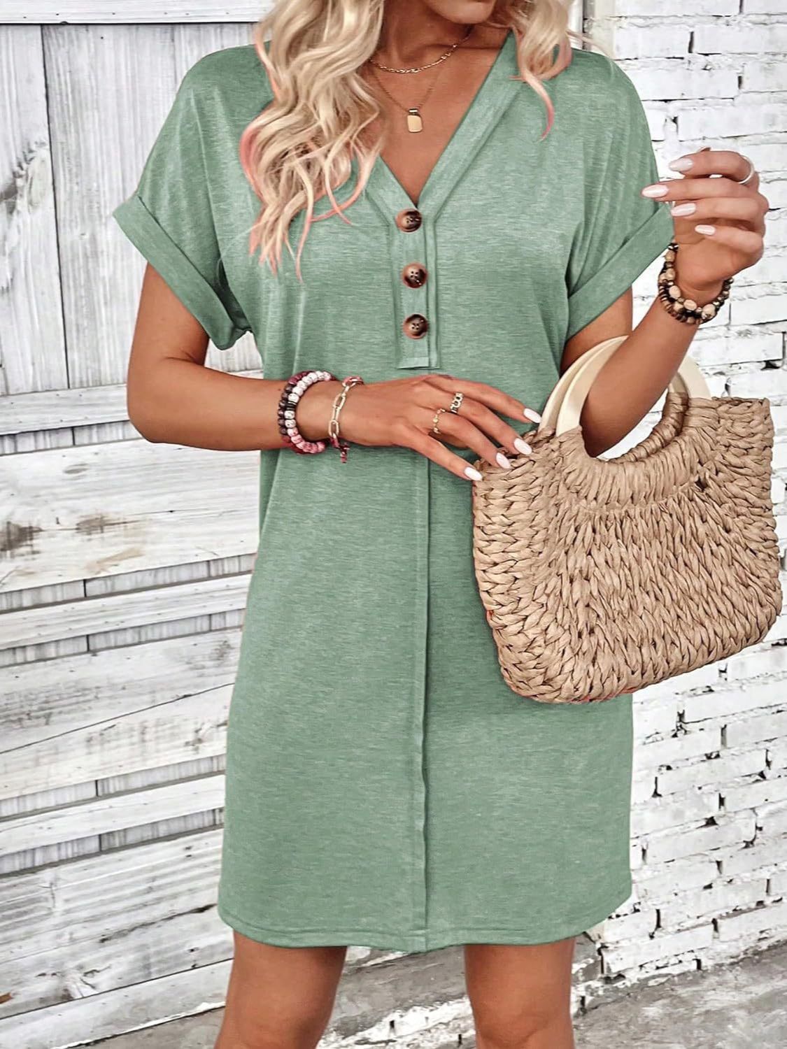 Elegant Button V-Neck Short Sleeve Dress Flattering Casual & Office Wear Simple Dress