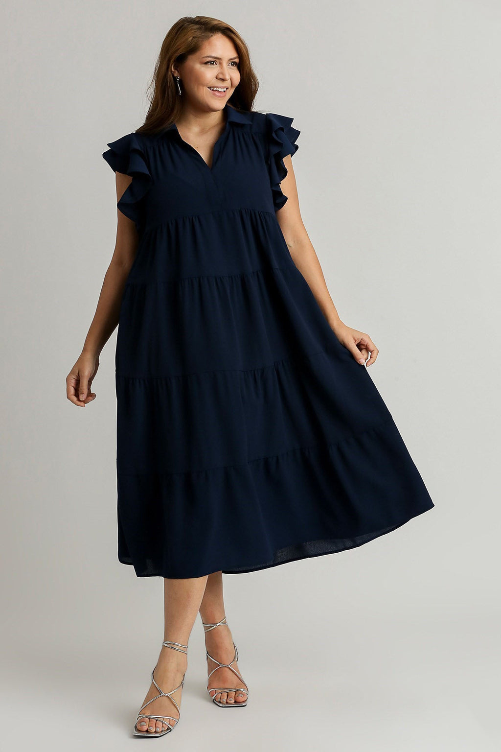Dark Navy Full Size Ruffle Sleeve Dress Classic Feminine Plus Size Fashion Soft Dress