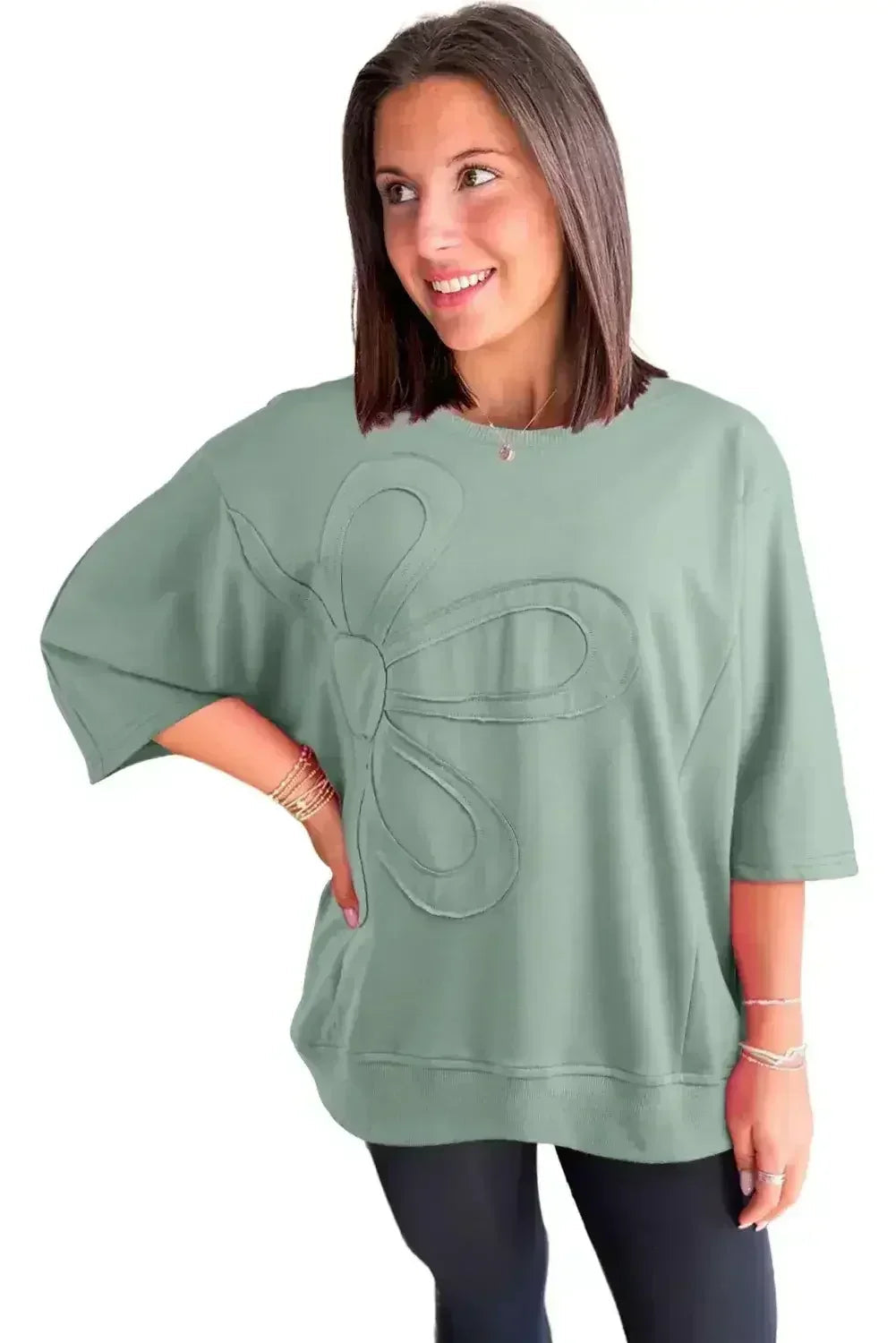 Clearly Aqua Solid Color Floral Patched Half Sleeve Tunic Top