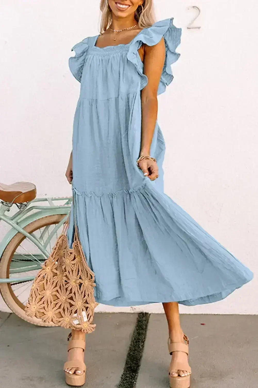 Purple Ruffled Flutter Sleeve Square Neck Textured Tiered Maxi Dress