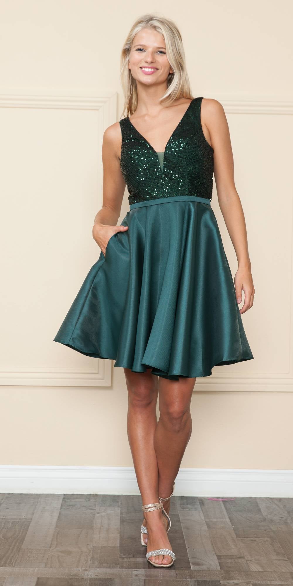 CLEARANCE - Poly USA | Ed Young 8954 Short A-Line Sequin Bodice Dress with Pockets (Size M)