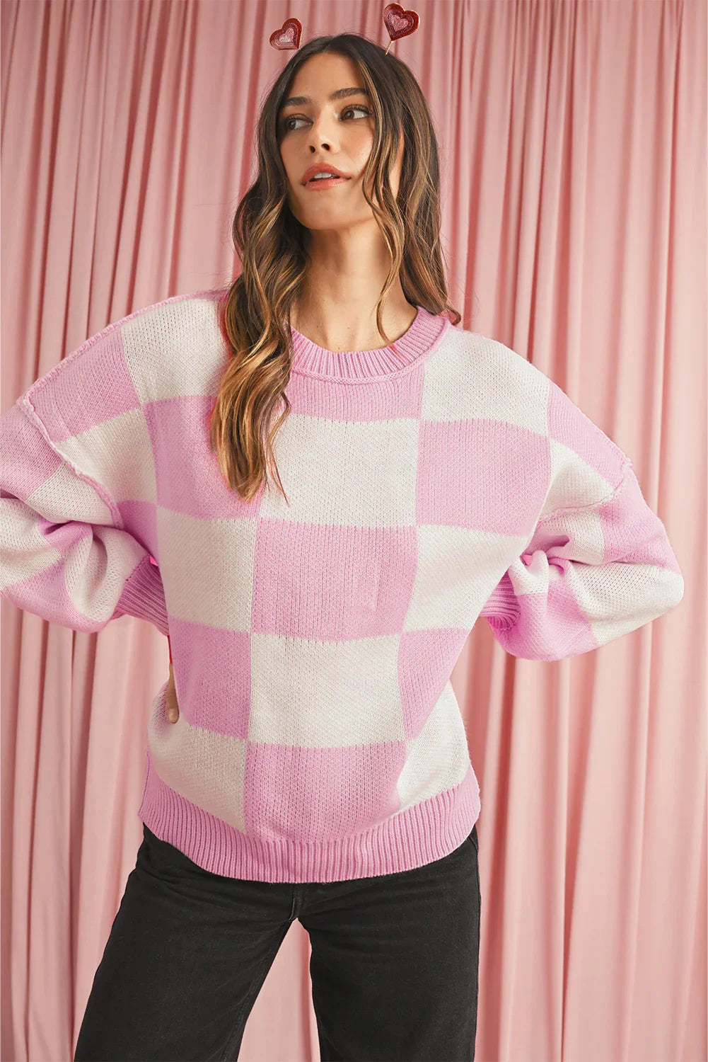 Dark Brown Plaid Bishop Sleeve Pullover Sweater