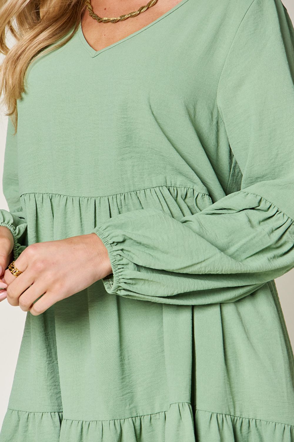 Light Green Double Take Full Size V-Neck Sleeve Tiered Dress with Pockets Elegant & Comfortable Casual Dress
