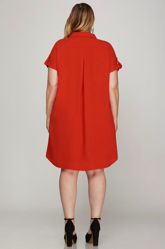 Deep Red Full Size Button-Down Short Sleeve Shirt Dress Plus Size Casual Women Simple Home Dress