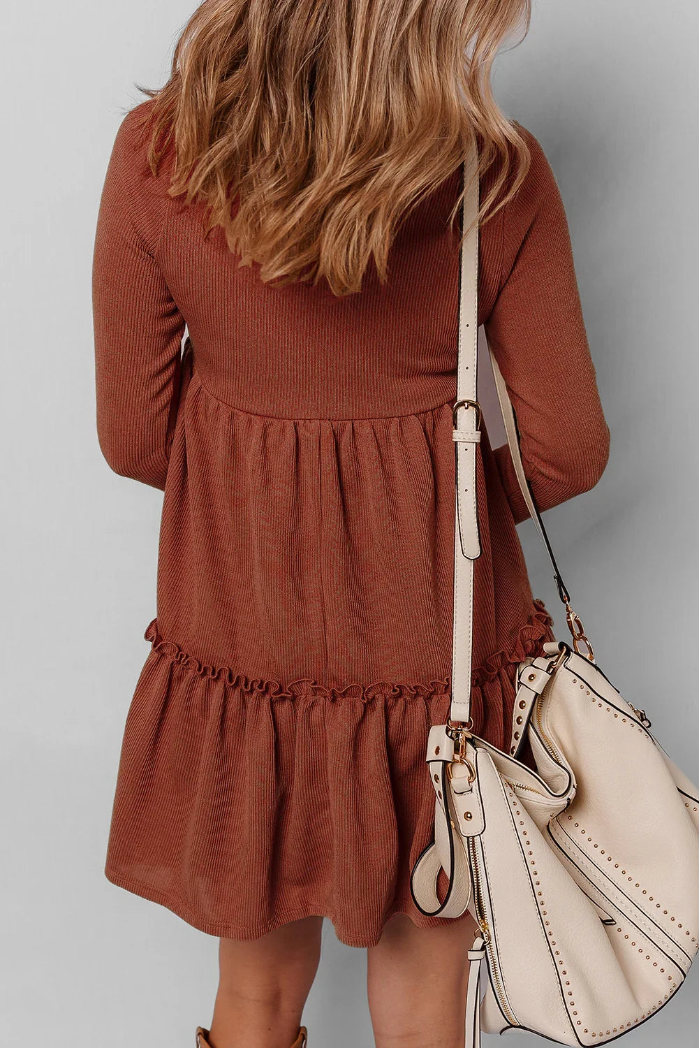 Straw Yellow Ribbed Frilled Trim High Waist Long Sleeve Mini Dress