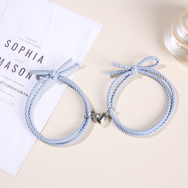 2PCS Magnetic Bracelet Stainless Steel Love Heart Charm Couple Bracelets For Friend Braid Rope Bracelets Magnet Adjustable Rope Matching Bracelet Love Bracelet Couples 2 Pieces Relationship Magnetic Bracelet