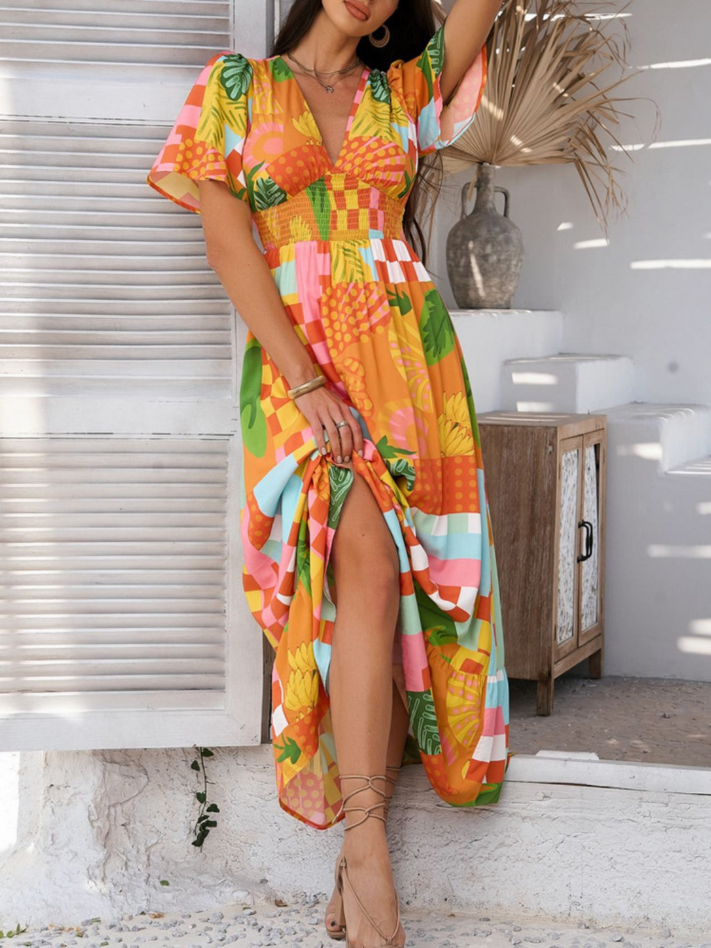 Elegant Printed V-Neck Short Sleeve Maxi Dress Beautiful Casual Women Long Dress