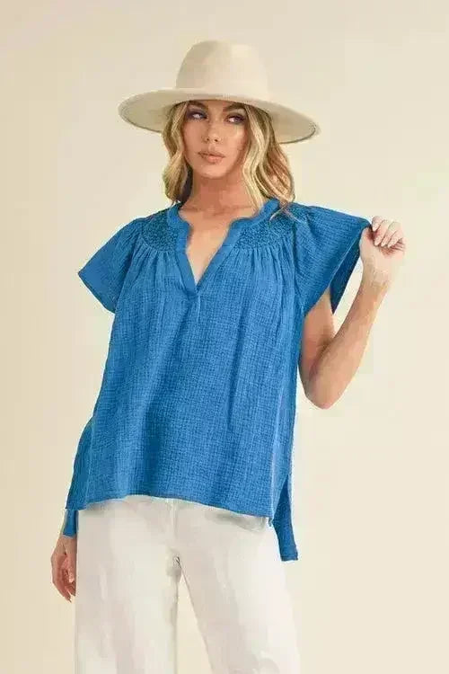 Embroidered Notched Blouse | Side Slit Short Sleeve Top - Femstylo
