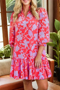 Red Floral 3/4 Sleeve Ruffle Hem Mini Dress