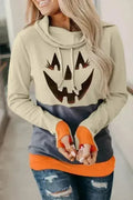 Gray Cowl Neck Pumpkin Print Color Block Halloween Sweatshirt
