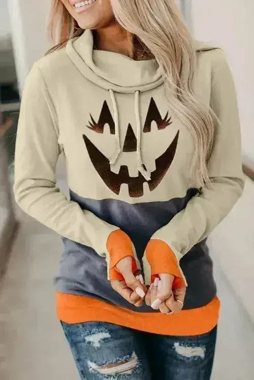 Gray Cowl Neck Pumpkin Print Color Block Halloween Sweatshirt