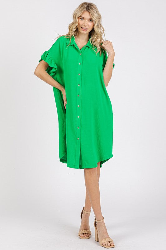 Button Down Flounce Sleeve Dress with Pockets – Casual, Comfortable, Feminine and Functional Dress with Button Front and Flounce Sleeves
