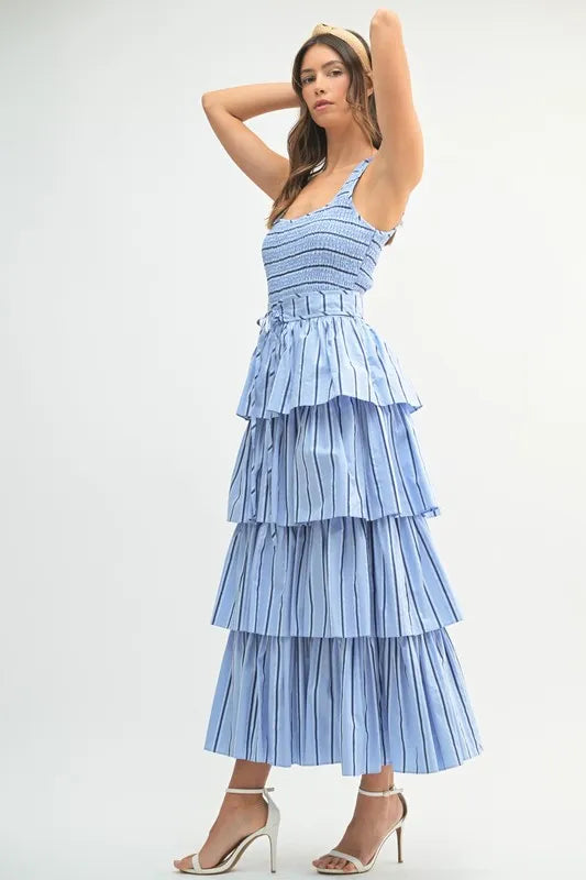 Pin Stripe Smocked Bodice Layered Midi Dress – Smocked Bodice Dress, Fluttering Pinstripe Midi Dress, Layered Midi Dress, Trendy Midi Dress, Flattering Pinstripe Dress