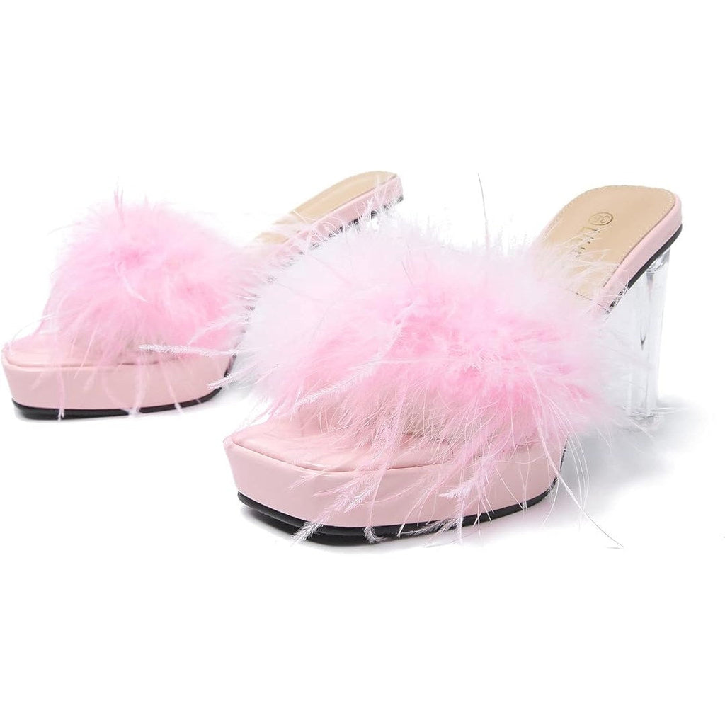 Liuruijia Womens Size 7.5 Clear Strap Pink Feather Square Toe Platform Shoes