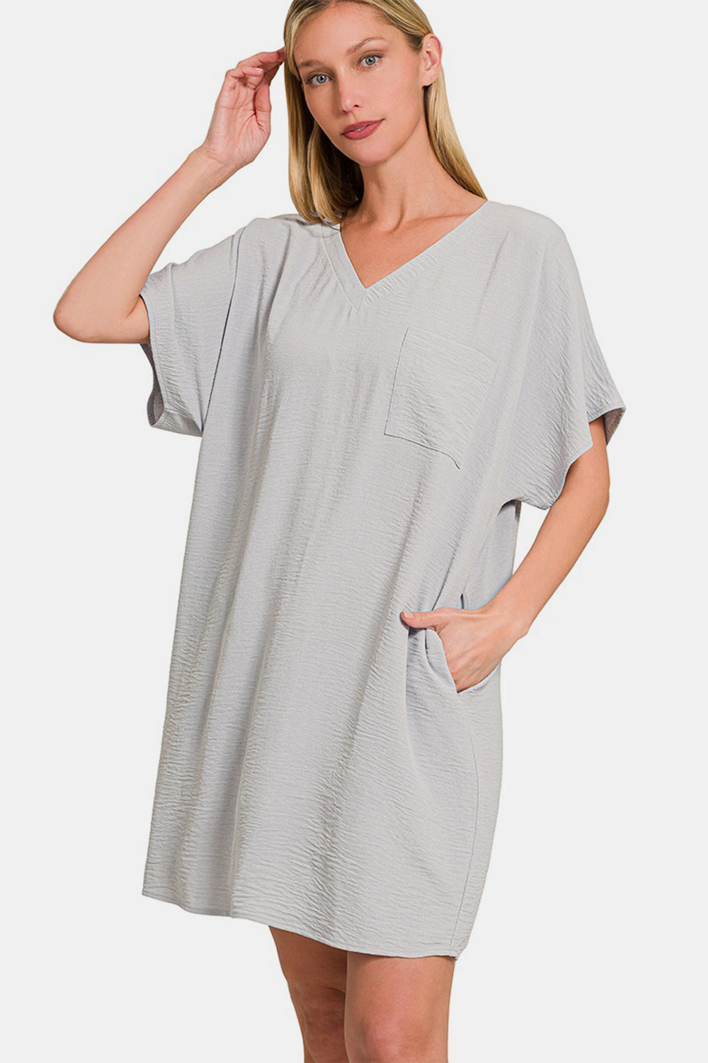 V-Neck Tee Dress with Pockets For Women – Comfortable V-Neck Dress, Casual Chic Tee Dress, Practical Pocketed Dress, Versatile V-Neck Dress, Everyday Casual Dress, Relaxed Fit Dress, Functional Pocket Dress