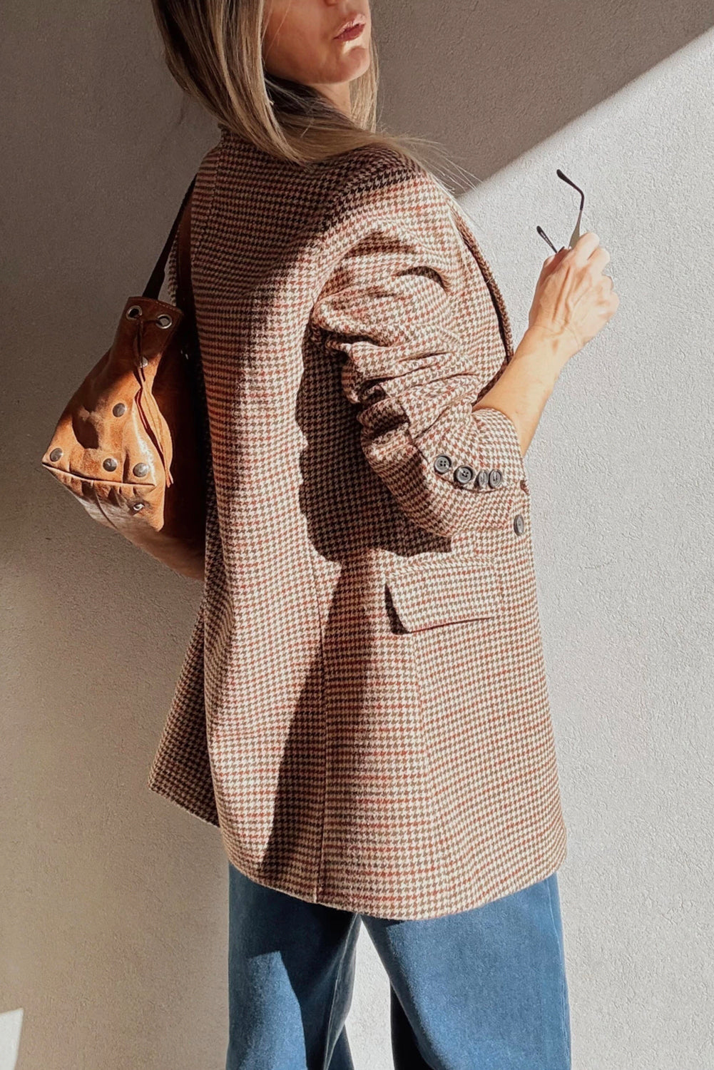 Brown Houndstooth Lapel Collar Blazer | Femstylo