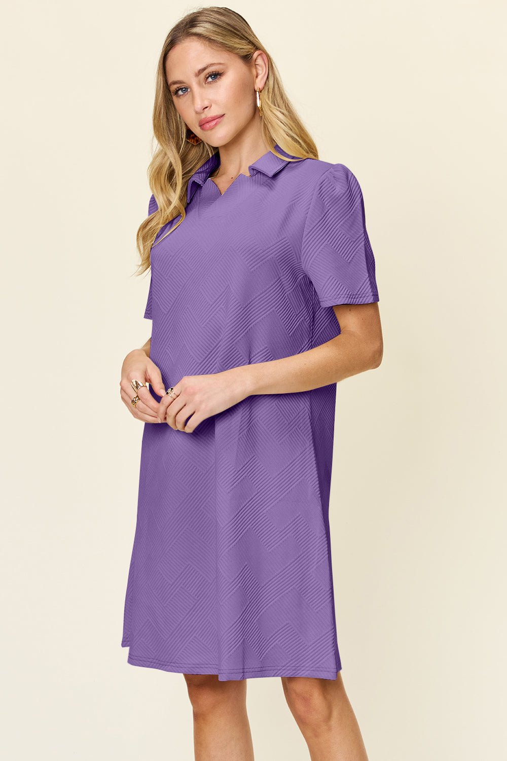 Double Take Full Size Texture Collared Neck Short Sleeve Dress Textured Dress For Women