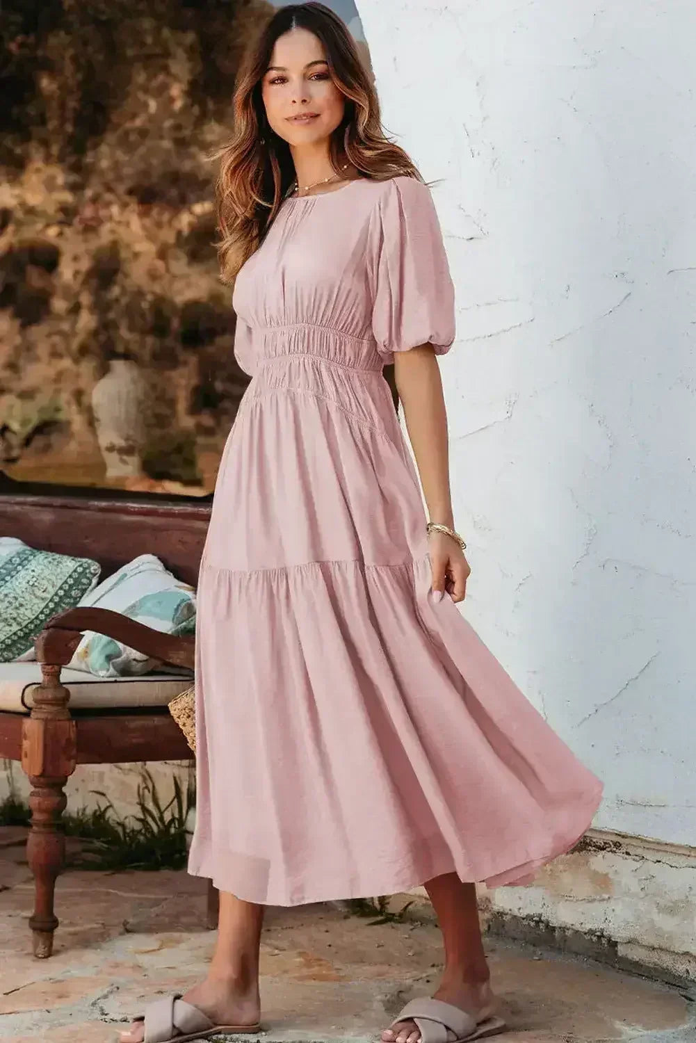 Light Blue Puff Sleeve High Waist Flowy Midi Dress