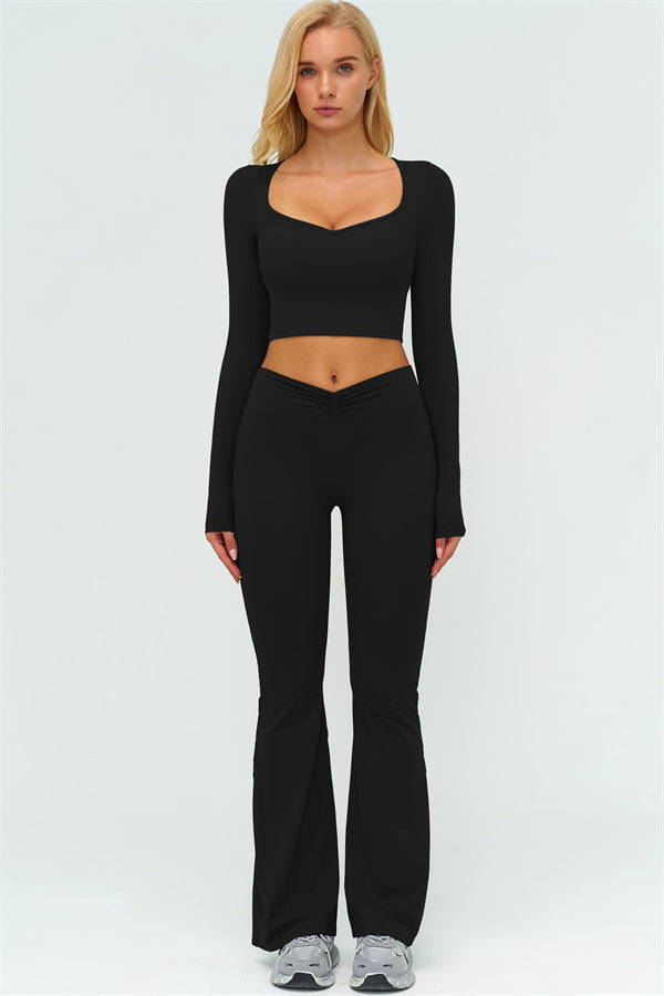 The Lushness Long Sleeve Crop Top Flared Leggings 2-Piece Set