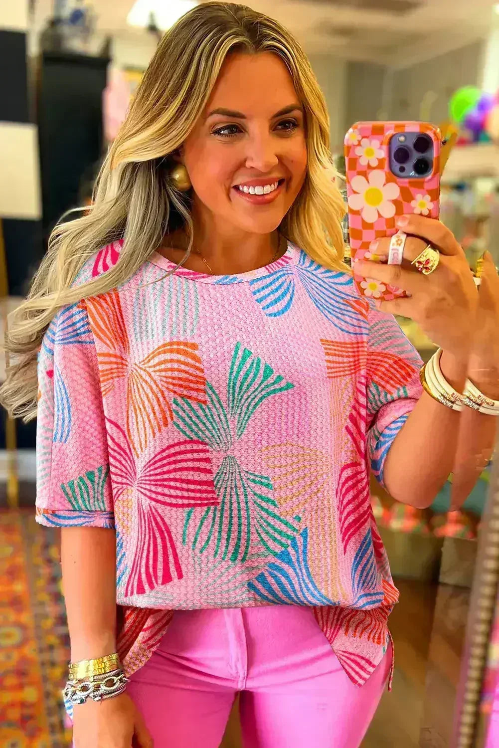 Sky Blue Bowknot Print Waffle Loose Tee