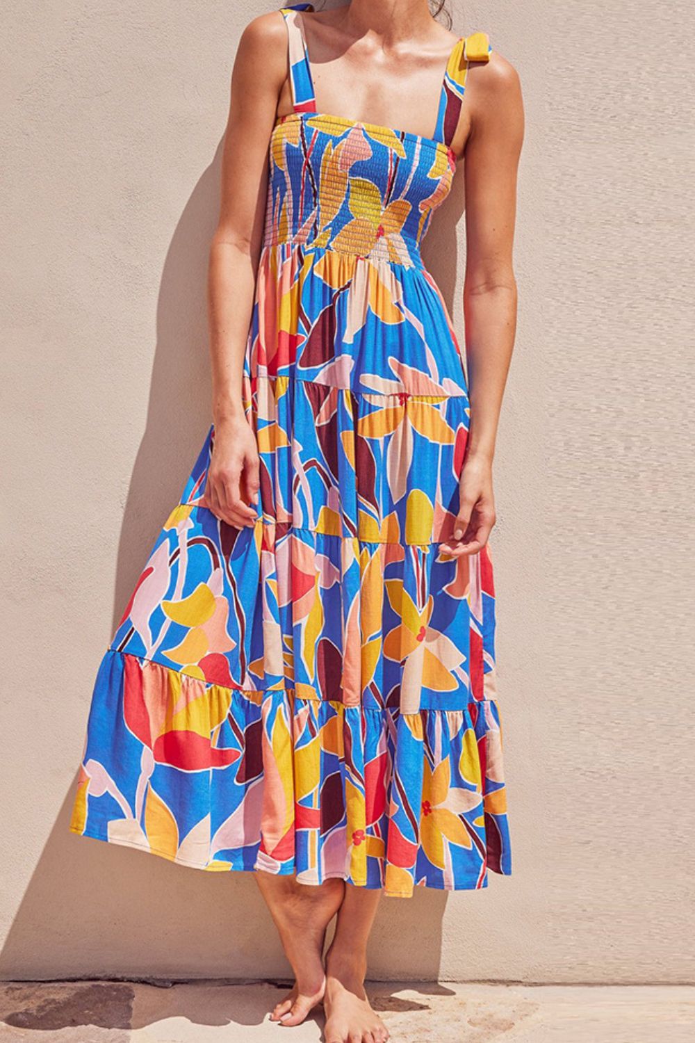 Multicolored Floral Tie-Shoulder Smocked Maxi Dress Elegant & Flowy Summer Style Dress