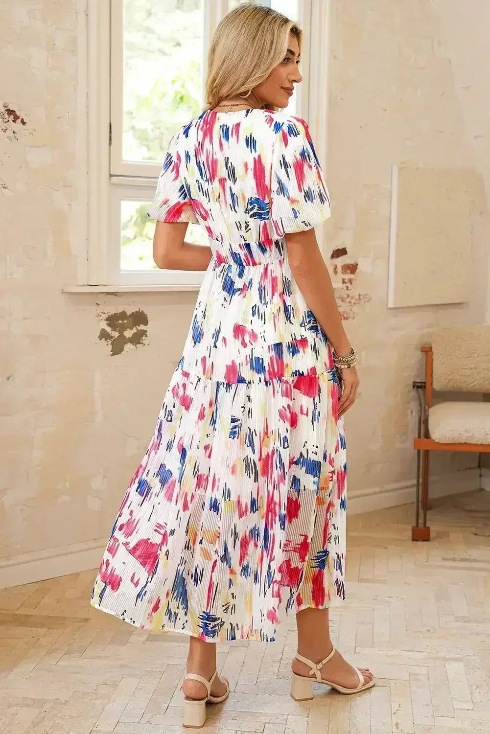 Sky Blue Abstract Print Short Puff Sleeve Tiered Maxi Dress