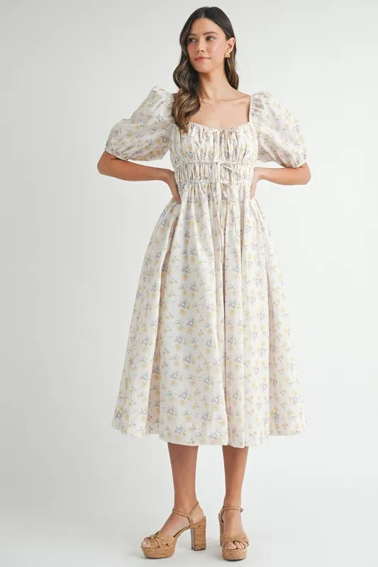Floral Drawstring Detail Puff Sleeve Midi Dress – Romantic Floral Midi Dress, Ruched Drawstring Dress, Feminine Puff Sleeve Dress, Trendy Garden Party Dress For Summer
