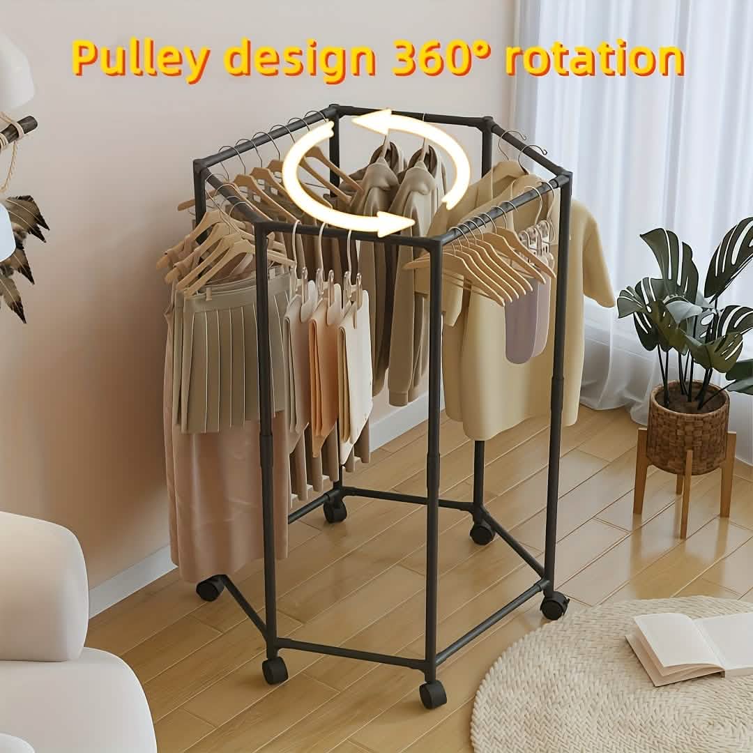 360 Rotating Freestanding Clothing Rack, Hexagonal Carbon Steel Organizer with Wheels